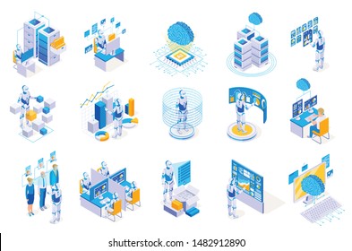 Robotic process automation isometric icons collection with isolated images of robots working with futuristic computer interfaces vector illustration