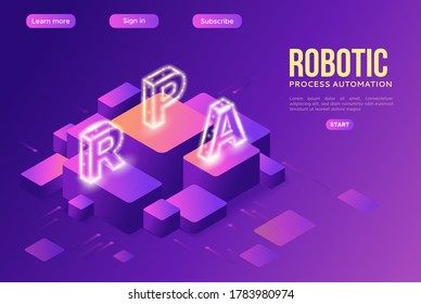 Robotic process automation landing page template with robots working with data, arms moving files, extracting information from websites, digital technology service, 3d isometric vector illustration