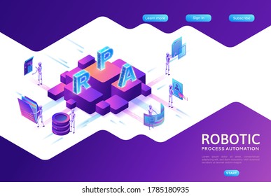 Robotic process automation landing page template with robots working with data, arms moving files, extracting information from websites, digital technology service, 3d isometric vector illustration