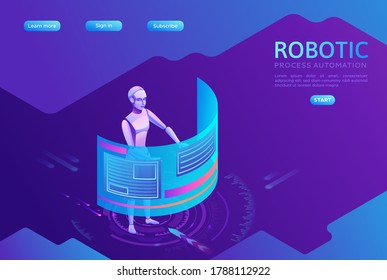 Robotic process automation landing page template with robots working with data, arms moving files, extracting information from websites, digital technology service, 3d isometric vector illustration