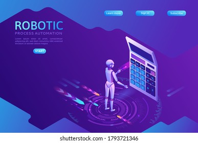 Plantilla de página de inicio de automatización de procesos robóticos con robots calculando, archivos de movimiento de armas, extrayendo información de sitios web, servicio de tecnología digital, ilustración vectorial isométrica 3d