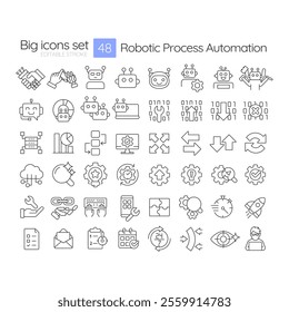 Robotic process automation linear icons set. Technology of workflow optimization. RPA development. Customizable thin line symbols. Isolated vector outline illustrations. Editable stroke