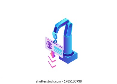 Robotic process automation lwith robotic arm scraping data from website, login to account, extracting information from internet, digital technology service, 3d isometric vector illustration