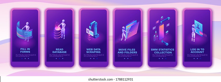 Robotic process automation mobile app template set with robots working with data, arms moving files, extracting information, digital technology service, 3d isometric vector illustration