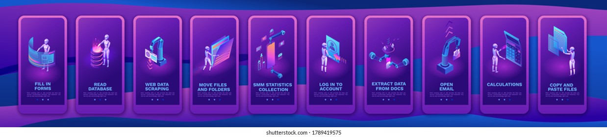 Robotic process automation mobile app template set with robots working with data, arms moving files, extracting information, digital technology service, 3d isometric vector illustration