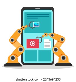 Automatización de procesos robóticos en pantalla de smartphone en ilustración vectorial de diseño plano.