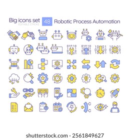 Robotic process automation RGB color icons set. Technology of workflow optimization. RPA development. Isolated vector illustrations. Simple filled line drawings collection. Editable stroke