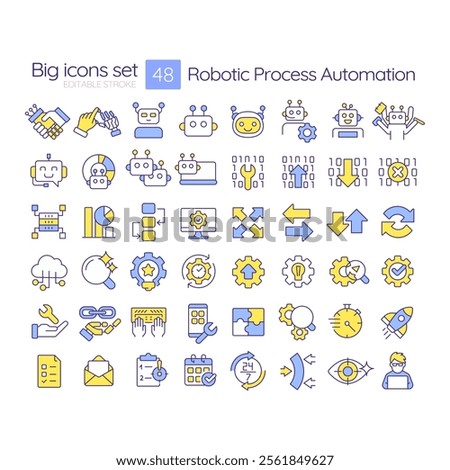 Robotic process automation RGB color icons set. Technology of workflow optimization. RPA development. Isolated vector illustrations. Simple filled line drawings collection. Editable stroke