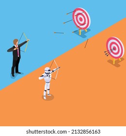 Robotic Process Automation - Robot versus Human in accuracy at work isometric 3d vector concept for banner, website, illustration, landing page, flyer, etc.