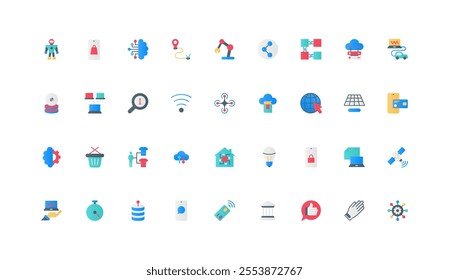 Robotic process automation, RPA in industry, innovation technology with AI for lifestyle color icon set. Drone and robot, smart home management and digital application flat element vector illustration