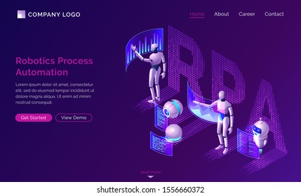 Robotic process automation or rpa isometric concept vector. Artificial intelligence robots analyze data and diagrams on dashboard virtual screens, SEO workflow isolated on purple, infographic banner