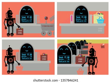 Robotic process automation. Set. Robot in big retail store at cash desk. 