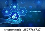 Robotic Process Automation software icon in wireframe hand. RPA. IOT and Automation concept as an innovation, improving productivity in technology and business processes. Smart industry. Vector.