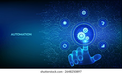 Robotic Process Automation software. RPA. IOT and Automation technology concept. Smart industry. Background with circuit board connections and tech icons. Hand pressing button. Vector Illustration.