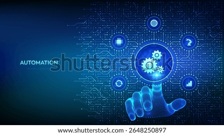 Robotic Process Automation software. RPA. IOT and Automation technology concept. Smart industry. Background with circuit board connections and tech icons. Hand pressing button. Vector Illustration.
