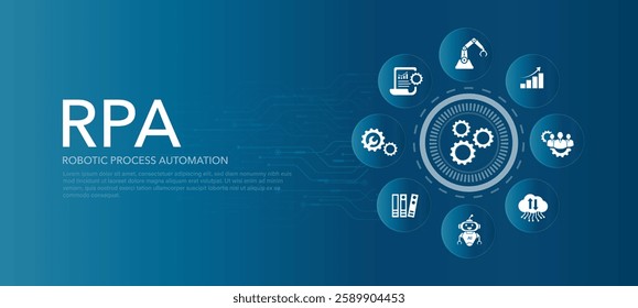 Robotic process automatisation (RPA) concept. Key aspects of the RPA, industry with icons on a nice blue background. web banner Vector illustration