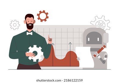 Concepto de proceso robótico. Automatización de fábrica e innovación. Bot para evaluar información y trabajar con estadísticas. Mundo digital y tecnologías modernas. Dibujo vectorial plano de dibujos animados