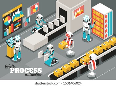 Robotic process isometric background with automation and reliability symbols vector illustration