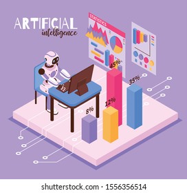 Robotic process isometric concept with artificial intelligence symbols  vector illustration