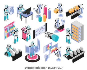 Robotic process isometric set with new technology and automation symbols isolated vector illustration