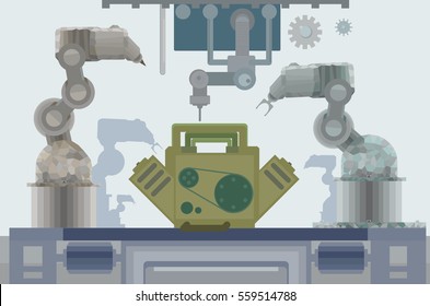 Robotic production line. Engines producing conveyor low polygonal illustration.