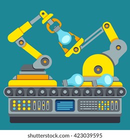 Robotic production line. Manufacturing machine vector concept. Industrial process equipment or factory technology production vector illustration 