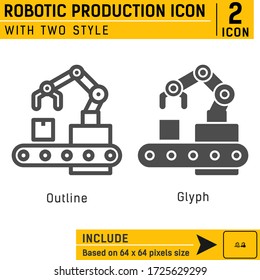 Roboter-Produktions-Premium-Ikone mit zwei Stil isoliert auf weißem Hintergrund aus der Technologie-Sammlung. Design-Vorlage für Vector-Illustrationskonzepte für Grafik, Web-Design, Mobile App, Logo, Benutzeroberfläche und UX
