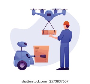 Robotic quadcopter delivers post package to the warehouse worker. Cartoon robot carrying cargo. Logistics transportation vector flat illustration. Automatic delivery technology, smart distribution