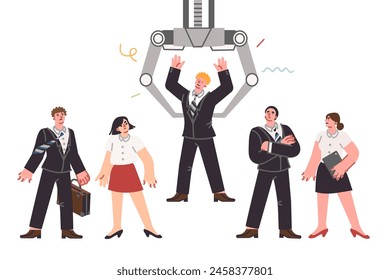 Robotic recruiting and selection of candidates for position using robot that lifts person. Automation of HR department in process of recruiting and training or team building for company