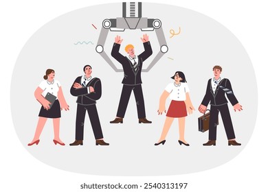 Robotic recruiting and selection of candidates for position using robot that lifts person. Automation of HR department in process of recruiting and training or team building for company