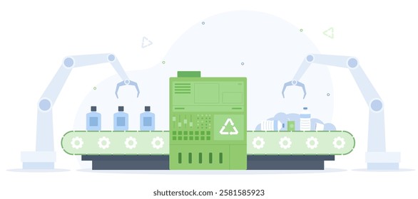 Robotic recycling plant with automated arms processing bottles vector illustration. Ideal for environmental, technology, automation, recycling, and manufacturing concepts.