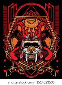 robotic samurai saber tooth tiger with  sacred geometry background