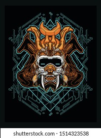 robotic samurai saber tooth tiger with  sacred geometry background