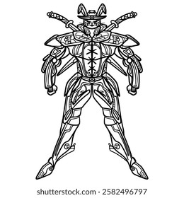 A robotic samurai warrior with a rabbit ear helmet, line art style. Detailed and unique, perfect for sci fi, fantasy, or gaming related designs