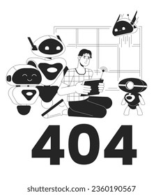 Robotic scientist laboratory black white error 404 flash message. Testing android. Ai technology. Monochrome empty state ui design. Page not found popup image. Vector flat outline illustration concept
