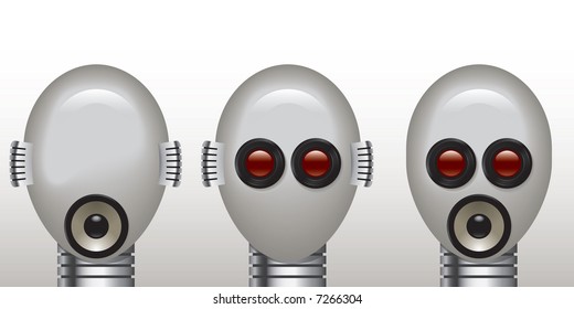 Robotic see no evil, speak no evil, hear no evil. Heads with lens, loudspeaker and mics in place of eyes, mouth, ears. All elements on separate layers