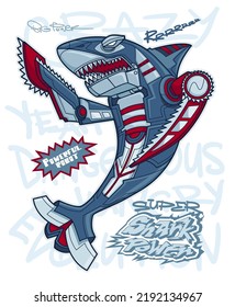 Robotic Shark illustration. Robot fish print with graffiti text drawing in street at style on background. Robotically predator poster and text "powerful robot", "super shark power"