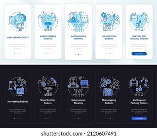 Robotic solutions night and day mode onboarding mobile app screen. Walkthrough 5 steps graphic instructions pages with linear concepts. UI, UX, GUI template. Myriad Pro-Bold, Regular fonts used