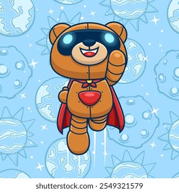 Robotic Superhero Teddy Bear Soaring in Space Adventure , vector illustration.