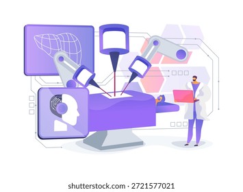 Ilustración vectorial abstracta del concepto del brazo de la cirugía robótica. El cirujano controla el brazo robótico a través de la consola, realizando cirugía de precisión en el paciente bajo luces estériles.