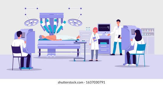 Robotic surgery banner with futuristic hospital room interior and doctors looking at robot arm performing surgical operation on patient. Flat vector illustration.