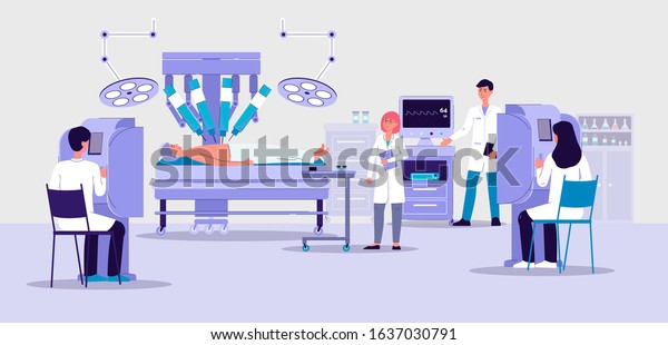 Robotic surgery banner with
futuristic hospital room interior and doctors looking at robot arm
performing surgical operation on patient. Flat vector
illustration.
