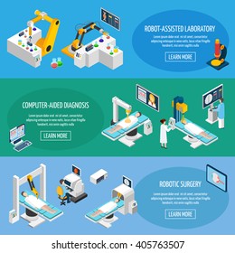 Robotic Surgery Banners Set Of Robot Assisted Laboratory And Computer Aided Diagnostic Isometric Icons Vector Illustration  