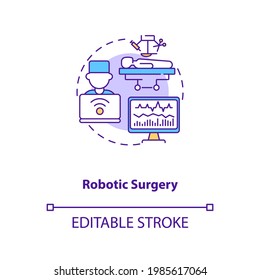Robotic surgery concept icon. CPS usage idea thin line illustration. Minimally invasive surgery. Performing complex surgical tasks. Vector isolated outline RGB color drawing. Editable stroke