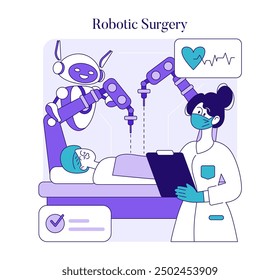 Robotic Surgery concept. Innovative medical procedure with AI-assisted technology and a professional healthcare worker. Precision, automation in healthcare. Vector illustration.