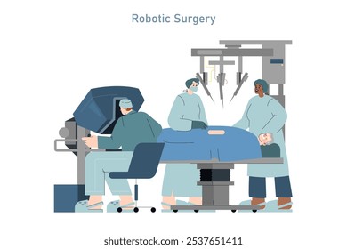 Conceito de cirurgia robótica. Cirurgiões realizam procedimentos avançados com tecnologia robótica ajudando na operação do paciente. Inovação médica em saúde. Ilustração vetorial.