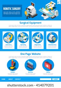 Robotic surgery conventional techniques advantages and equipment information  one page website design facts abstract isometric vector illustration