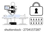 Robotic surgery, cybersecurity, medical data, innovation, technology, healthcare privacy. Robotic system operating on a patient, digital lock symbol. Robotic surgery and cybersecurity concepts