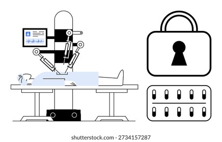 Cirurgia robótica, segurança cibernética, dados médicos, inovação, tecnologia, privacidade em saúde. Sistema robótico operando em um paciente, símbolo de fechadura digital. Conceitos de cirurgia robótica e cibersegurança