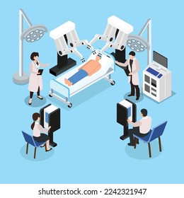 Robotic surgery with futuristic hospital room isometric 3d vector illustration concept for banner, website, illustration, landing page, flyer, etc.